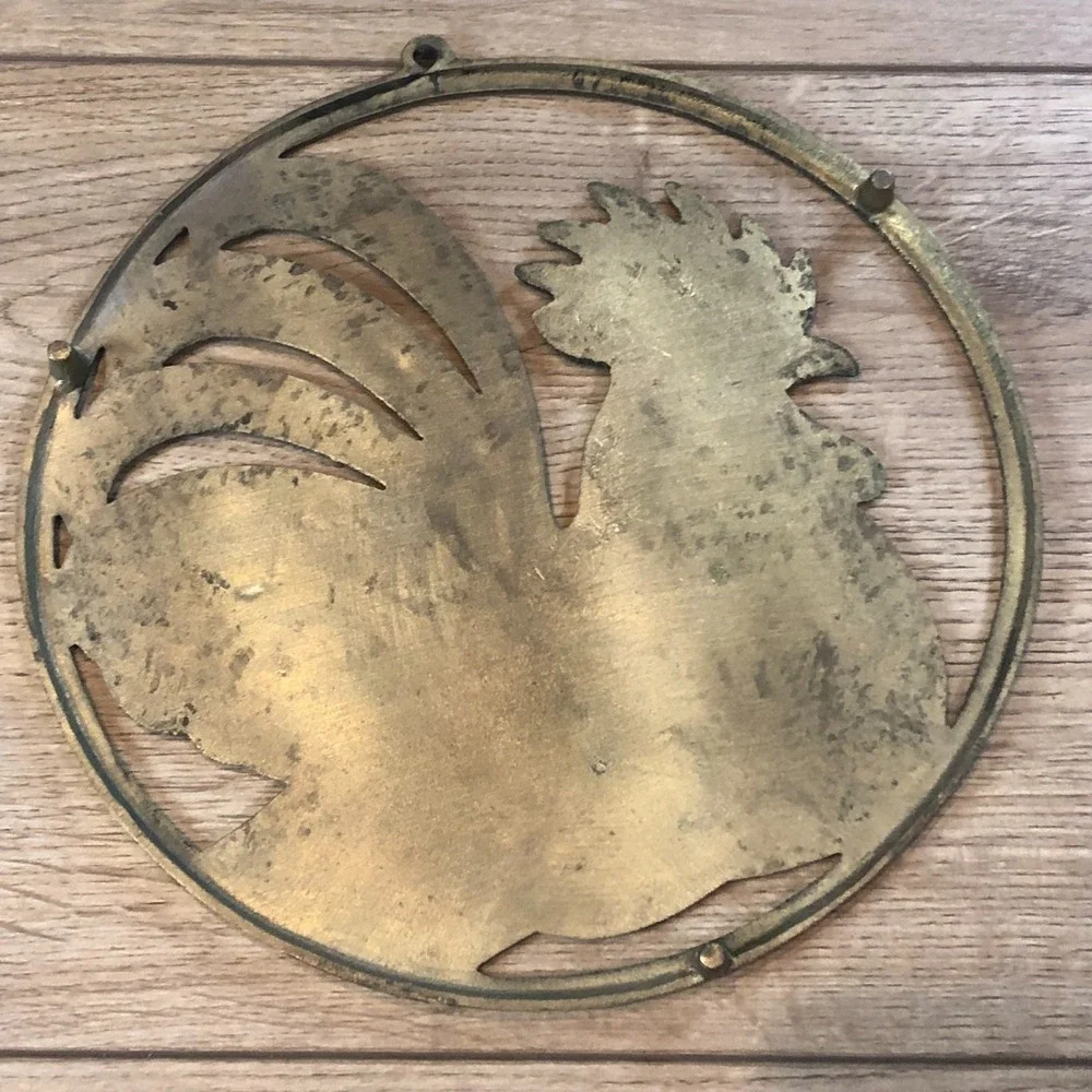 Vintage Brass Rooster Trivet Footed Chicken Hot Plate Farm Cottage Kitchen Decor